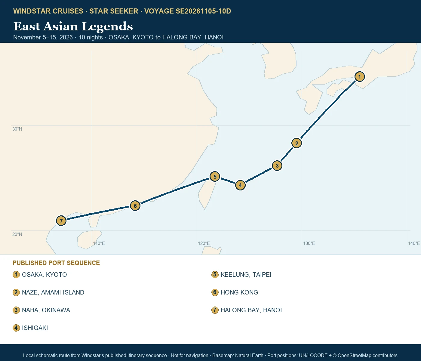Star Seeker November 5-15 2026 route map from OSAKA, KYOTO to HALONG BAY, HANOI