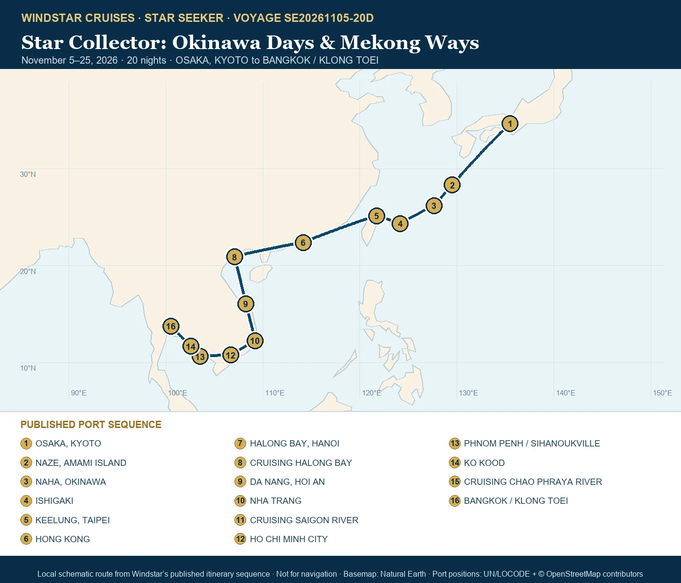 Star Seeker November 5-25 2026 route map from OSAKA, KYOTO to BANGKOK / KLONG TOEI