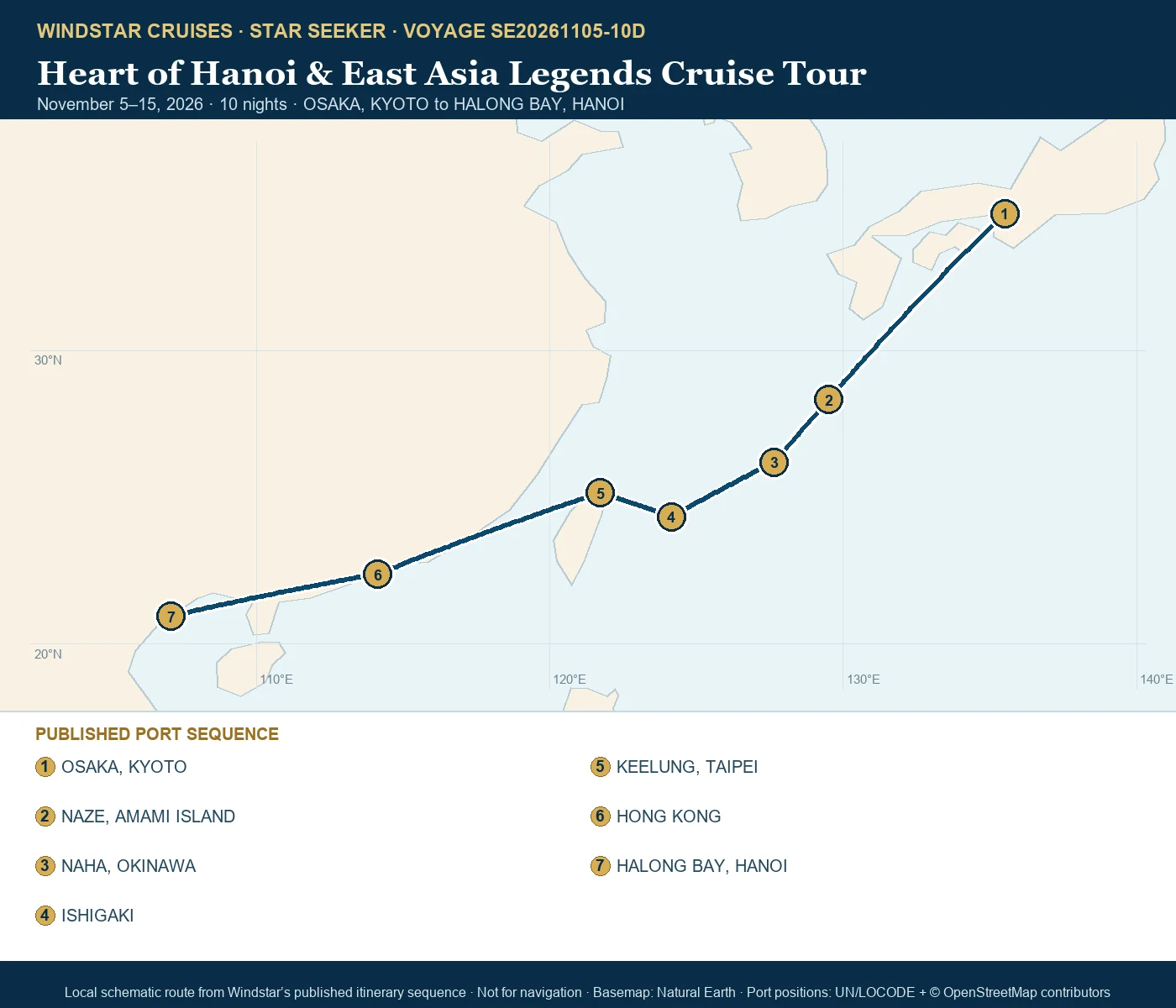 Star Seeker November 5-15 2026 route map from OSAKA, KYOTO to HALONG BAY, HANOI