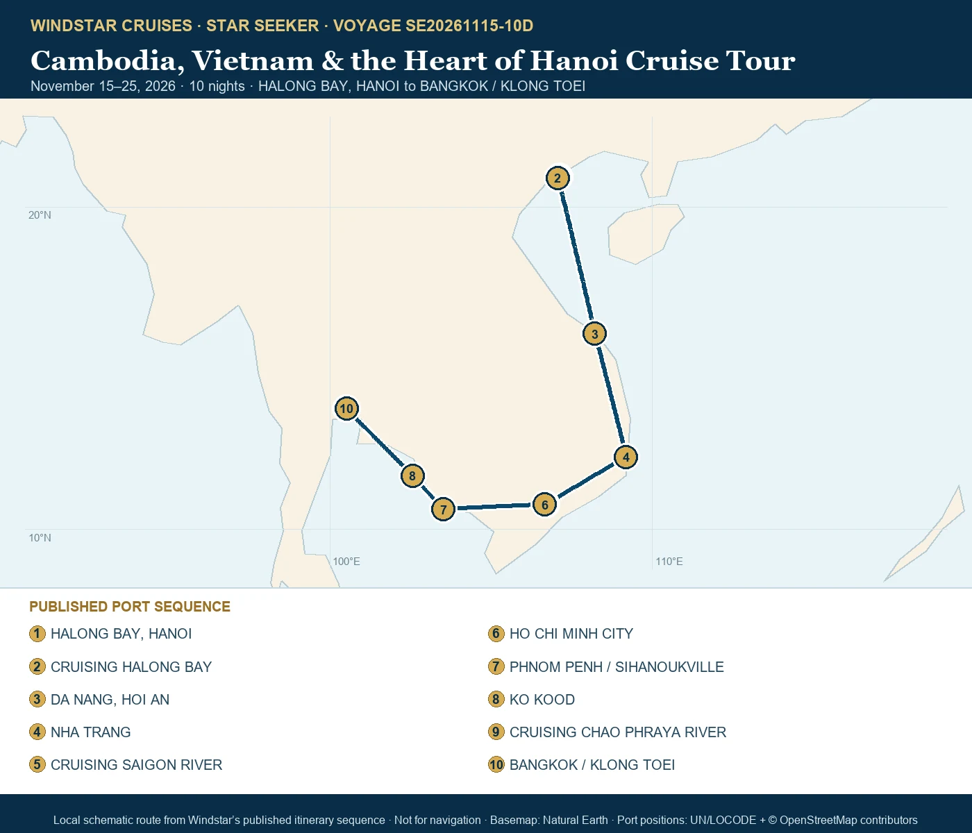 Star Seeker November 15-25 2026 route map from HALONG BAY, HANOI to BANGKOK / KLONG TOEI
