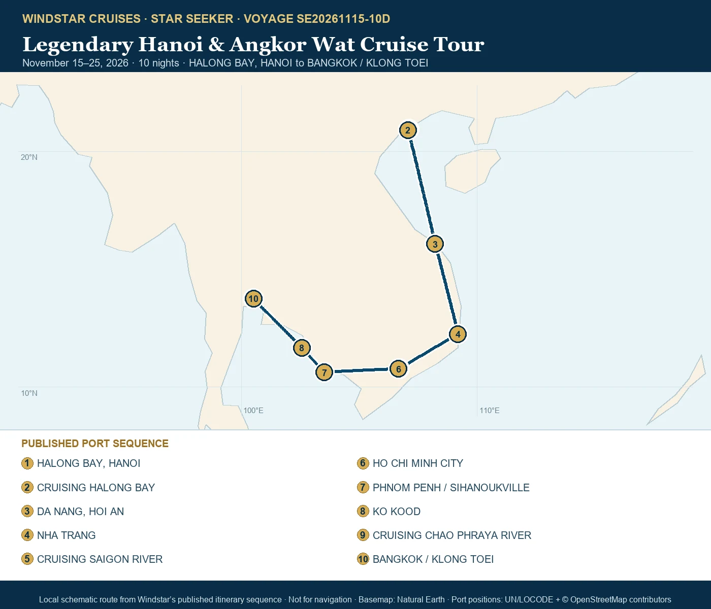 Star Seeker November 15-25 2026 route map from HALONG BAY, HANOI to BANGKOK / KLONG TOEI