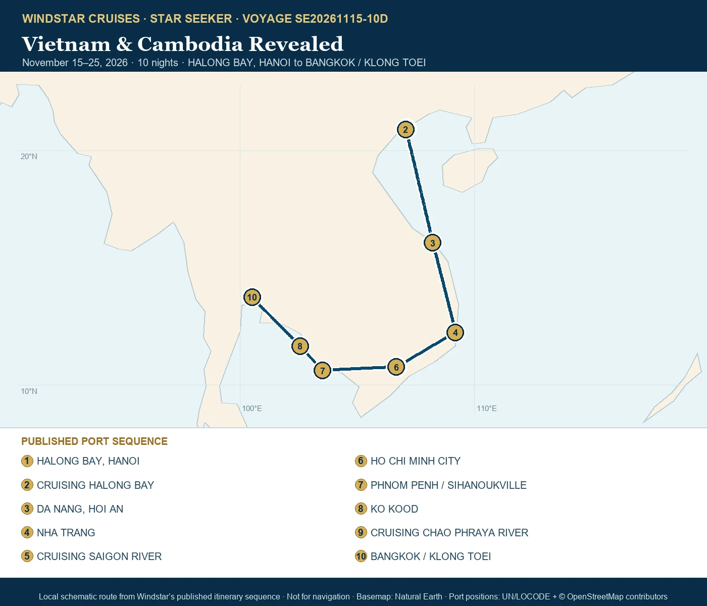 Star Seeker November 15-25 2026 route map from HALONG BAY, HANOI to BANGKOK / KLONG TOEI