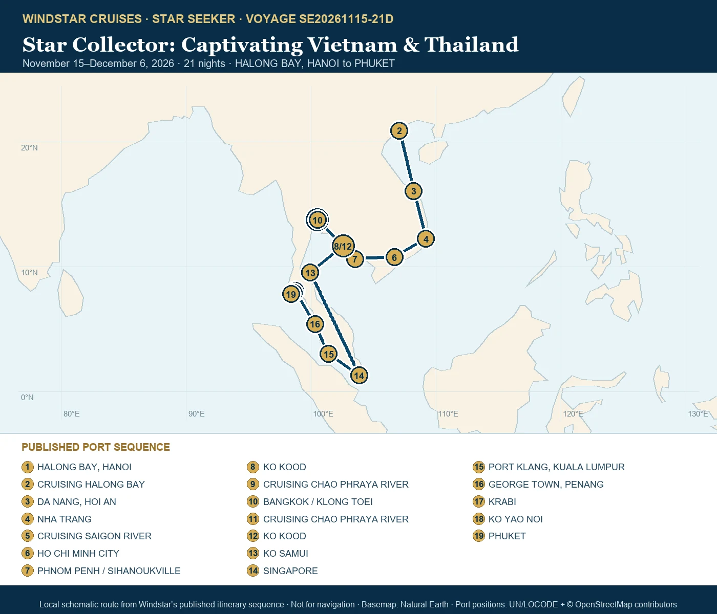 Star Seeker November 15-December 6 2026 route map from HALONG BAY, HANOI to PHUKET