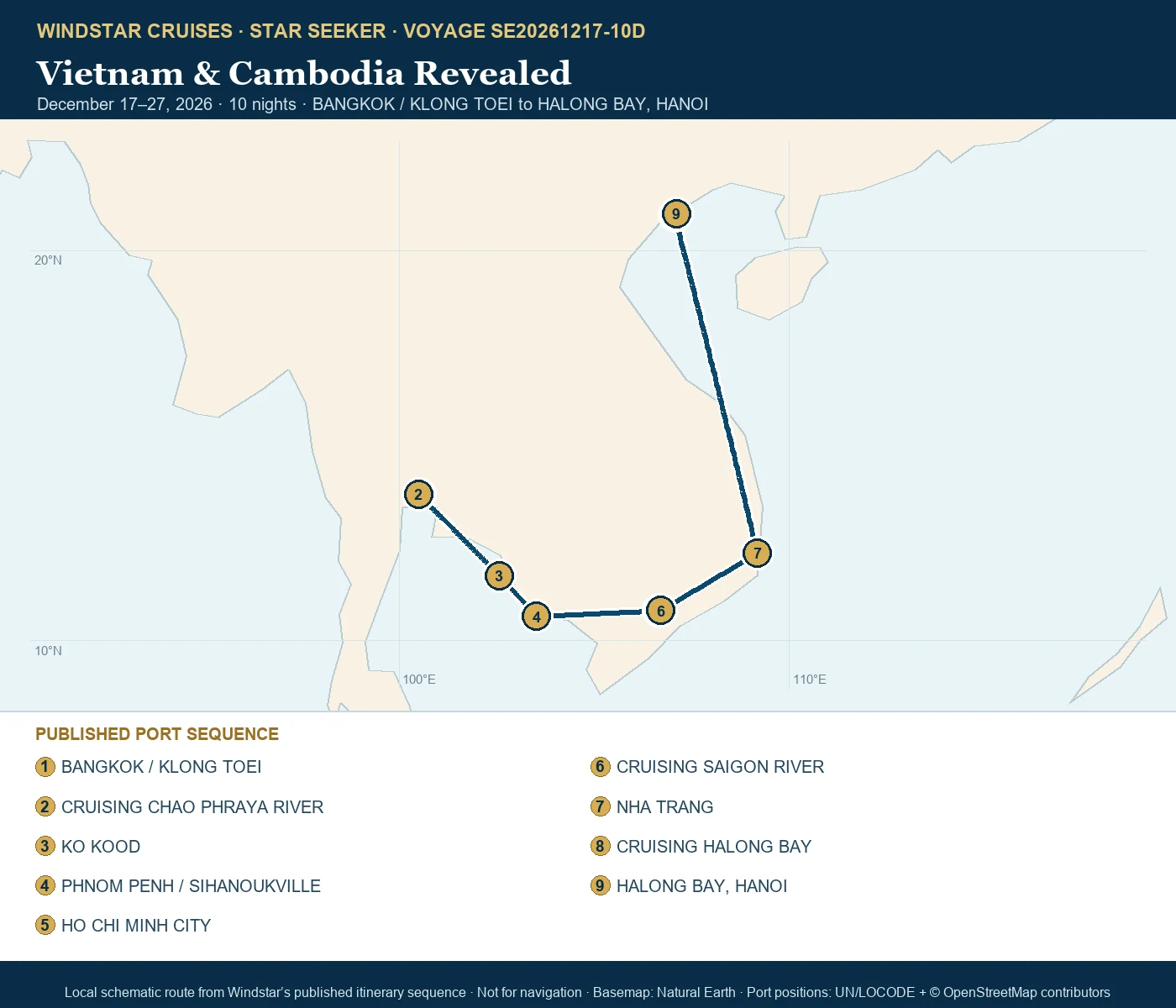 Star Seeker December 17-27 2026 route map from BANGKOK / KLONG TOEI to HALONG BAY, HANOI