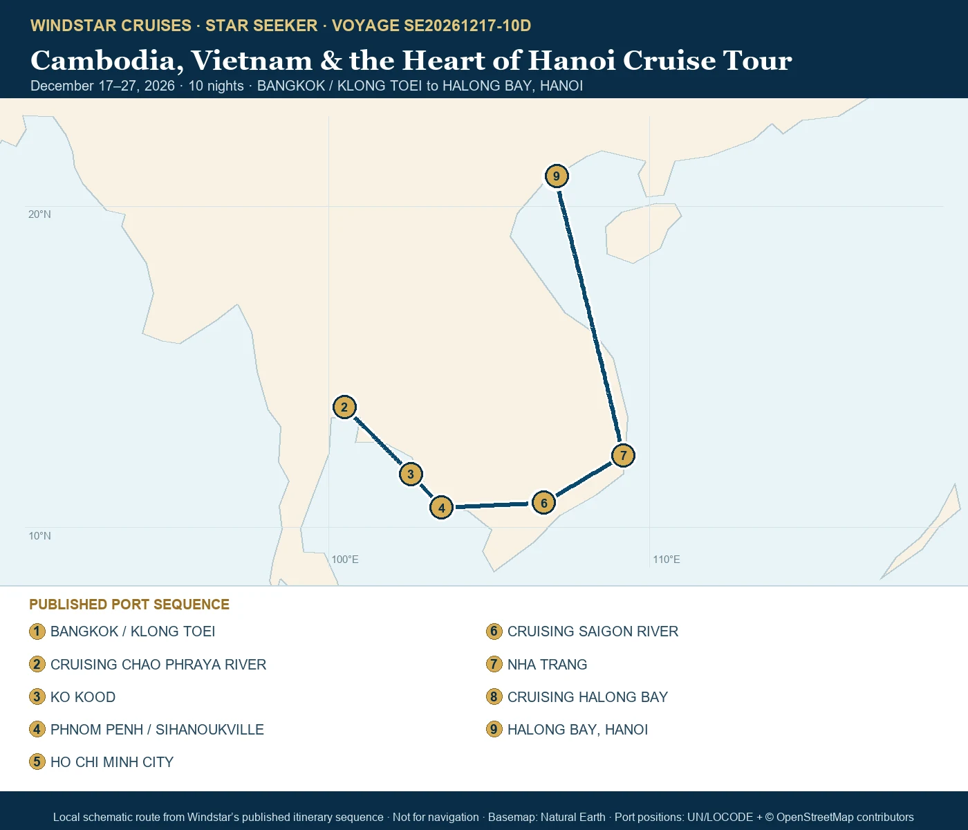 Star Seeker December 17-27 2026 route map from BANGKOK / KLONG TOEI to HALONG BAY, HANOI