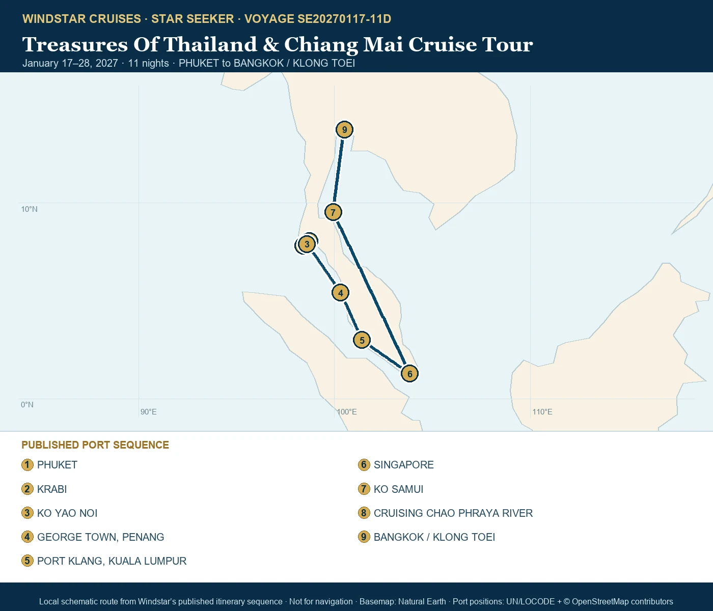 Star Seeker January 17-28 2027 route map from PHUKET to BANGKOK / KLONG TOEI