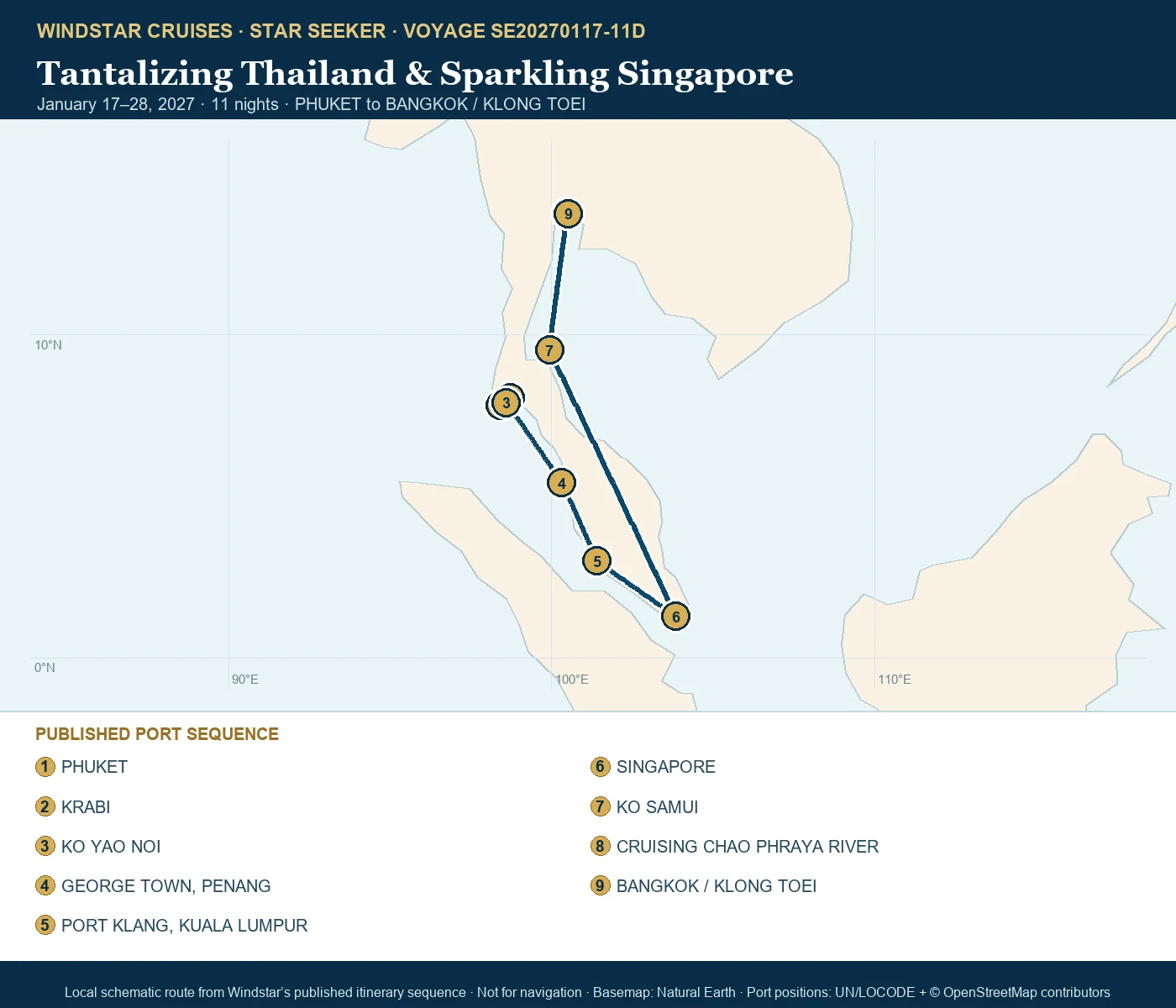 Star Seeker January 17-28 2027 route map from PHUKET to BANGKOK / KLONG TOEI