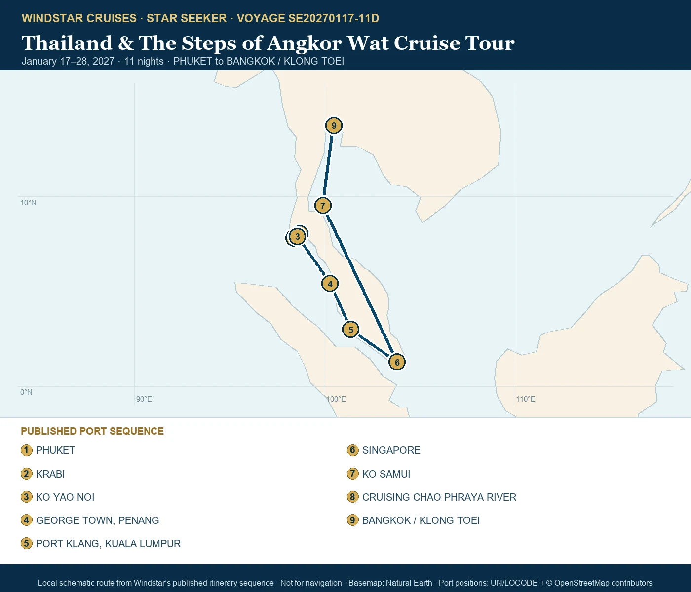 Star Seeker January 17-28 2027 route map from PHUKET to BANGKOK / KLONG TOEI