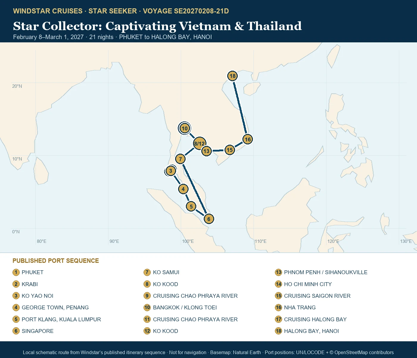 Star Seeker February 8-March 1 2027 route map from PHUKET to HALONG BAY, HANOI