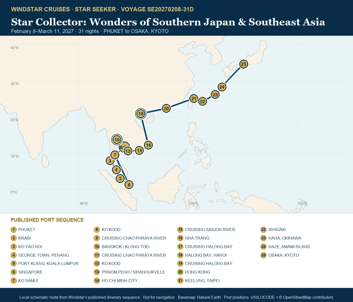 Star Seeker February 8-March 11 2027 route map from PHUKET to OSAKA, KYOTO