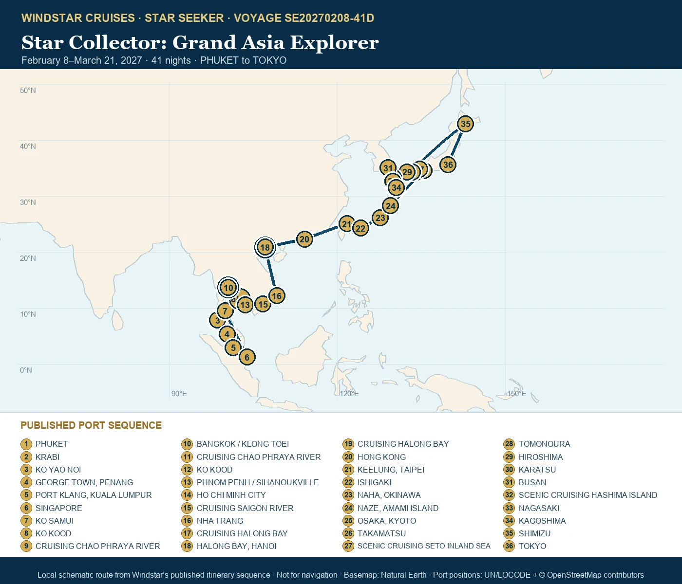 Star Seeker February 8-March 21 2027 route map from PHUKET to TOKYO