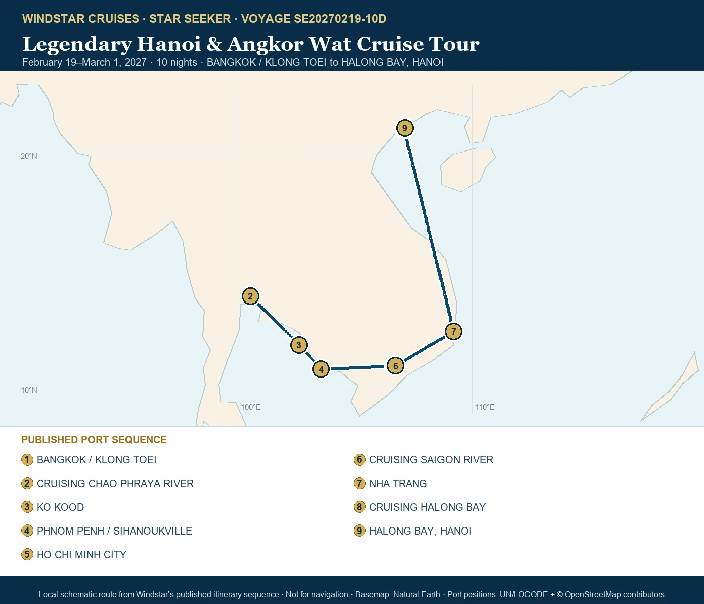 Star Seeker February 19-March 1 2027 route map from BANGKOK / KLONG TOEI to HALONG BAY, HANOI