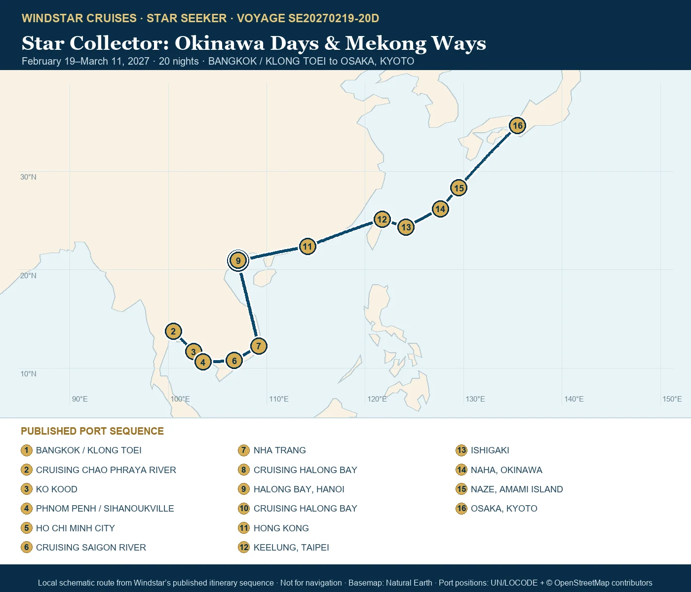 Star Seeker February 19-March 11 2027 route map from BANGKOK / KLONG TOEI to OSAKA, KYOTO