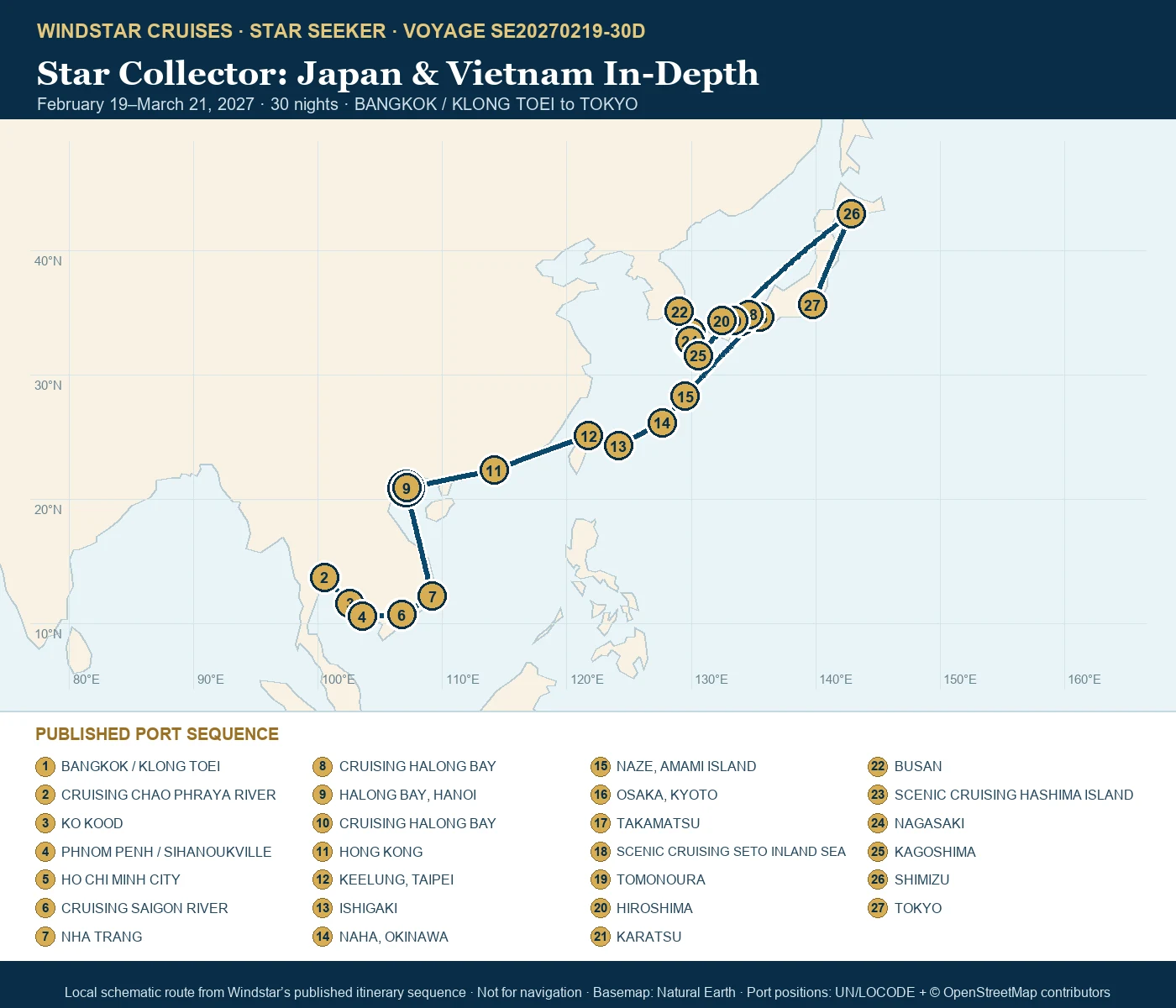 Star Seeker February 19-March 21 2027 route map from BANGKOK / KLONG TOEI to TOKYO