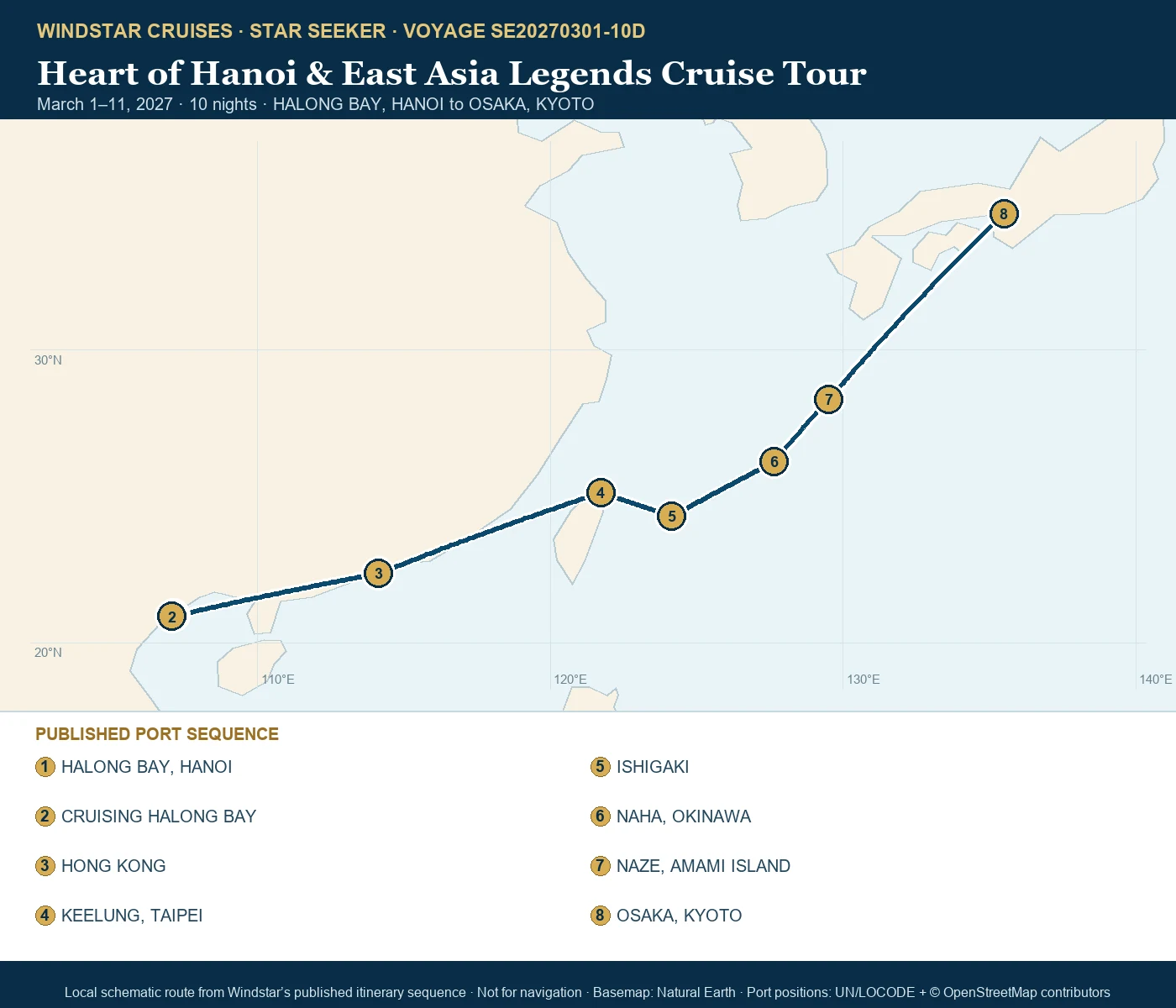 Star Seeker March 1-11 2027 route map from HALONG BAY, HANOI to OSAKA, KYOTO