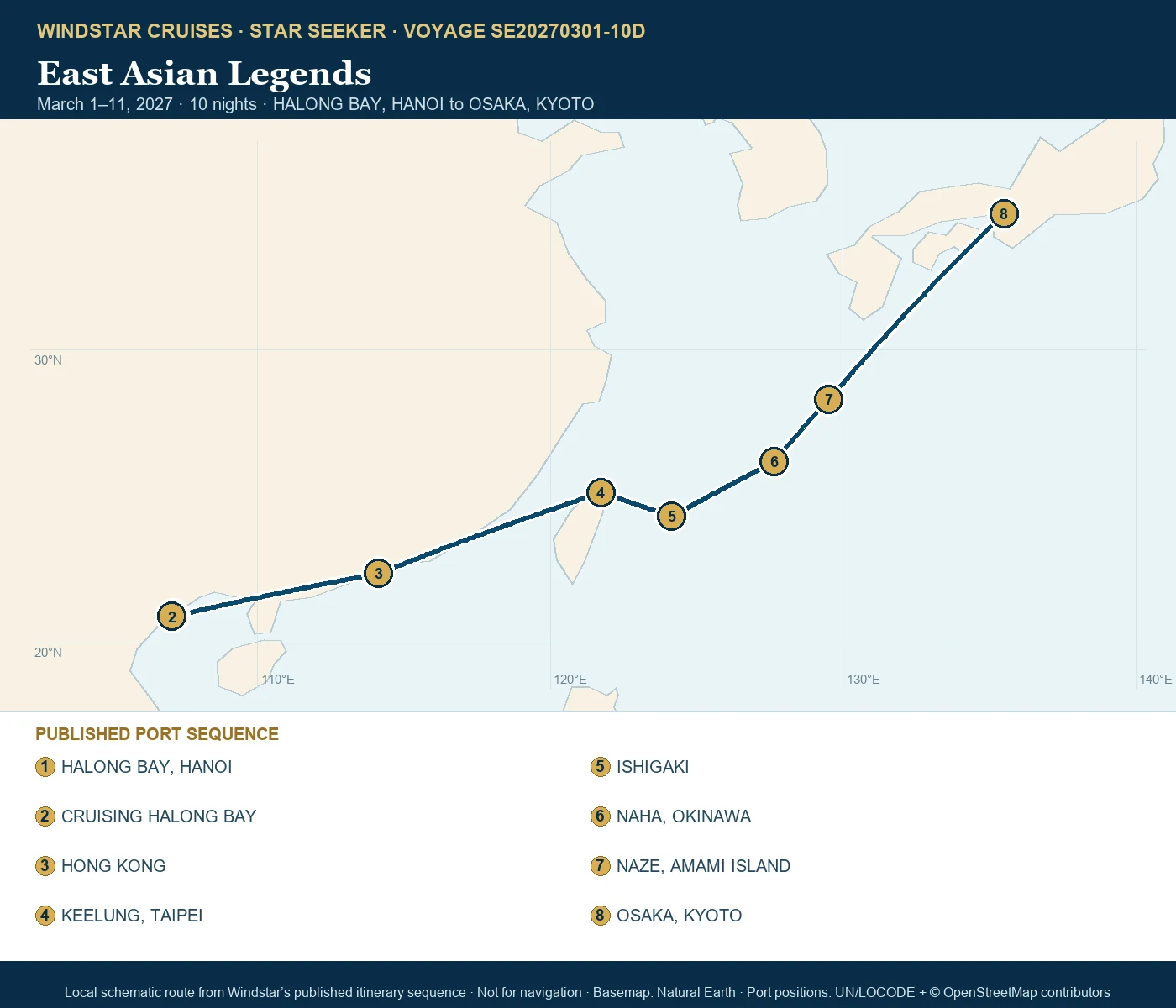 Star Seeker March 1-11 2027 route map from HALONG BAY, HANOI to OSAKA, KYOTO