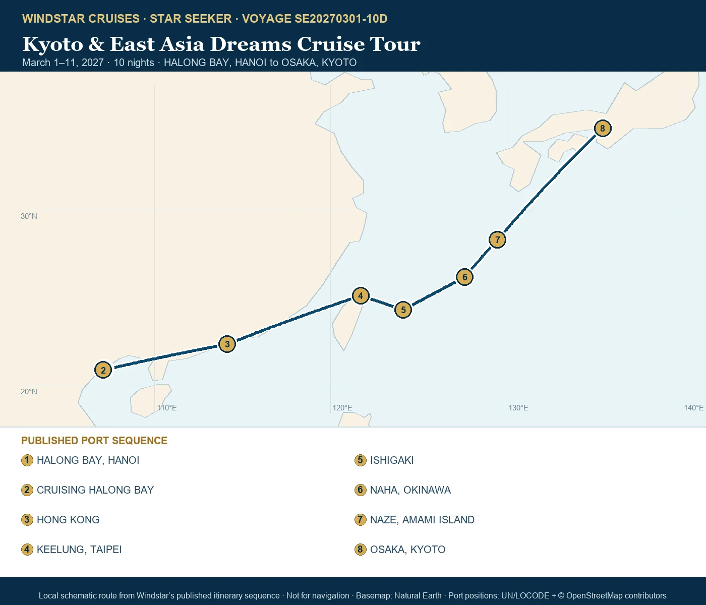 Star Seeker March 1-11 2027 route map from HALONG BAY, HANOI to OSAKA, KYOTO