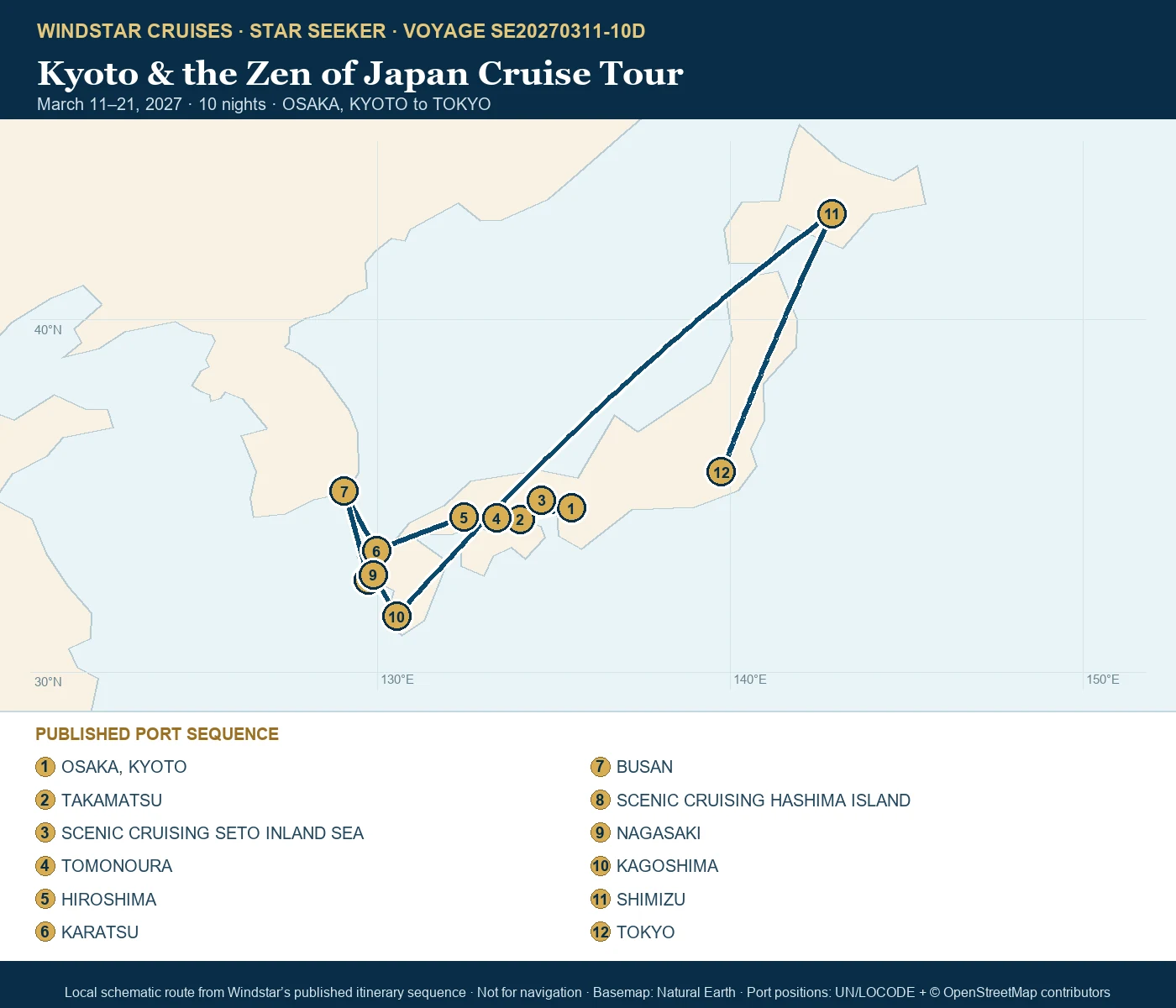 Star Seeker March 11-21 2027 route map from OSAKA, KYOTO to TOKYO