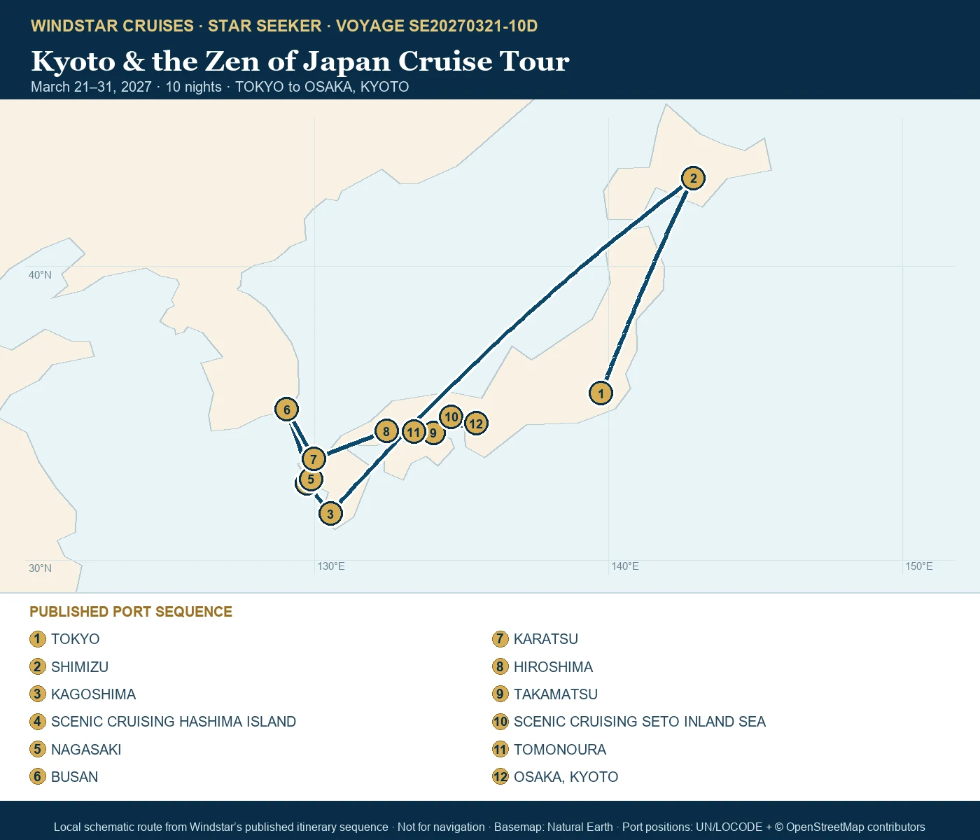 Star Seeker March 21-31 2027 route map from TOKYO to OSAKA, KYOTO