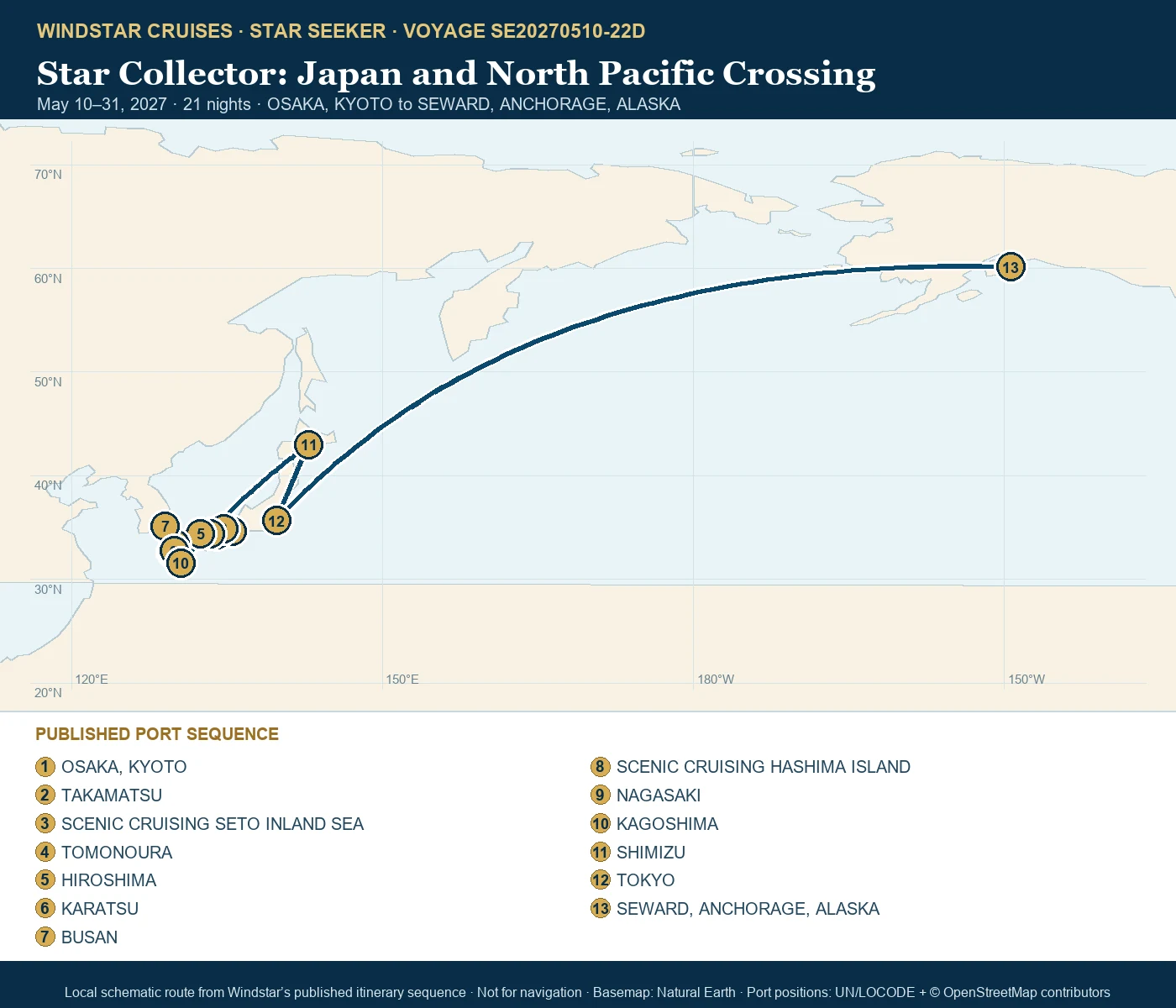 Star Seeker May 10-31 2027 route map from OSAKA, KYOTO to SEWARD, ANCHORAGE, ALASKA