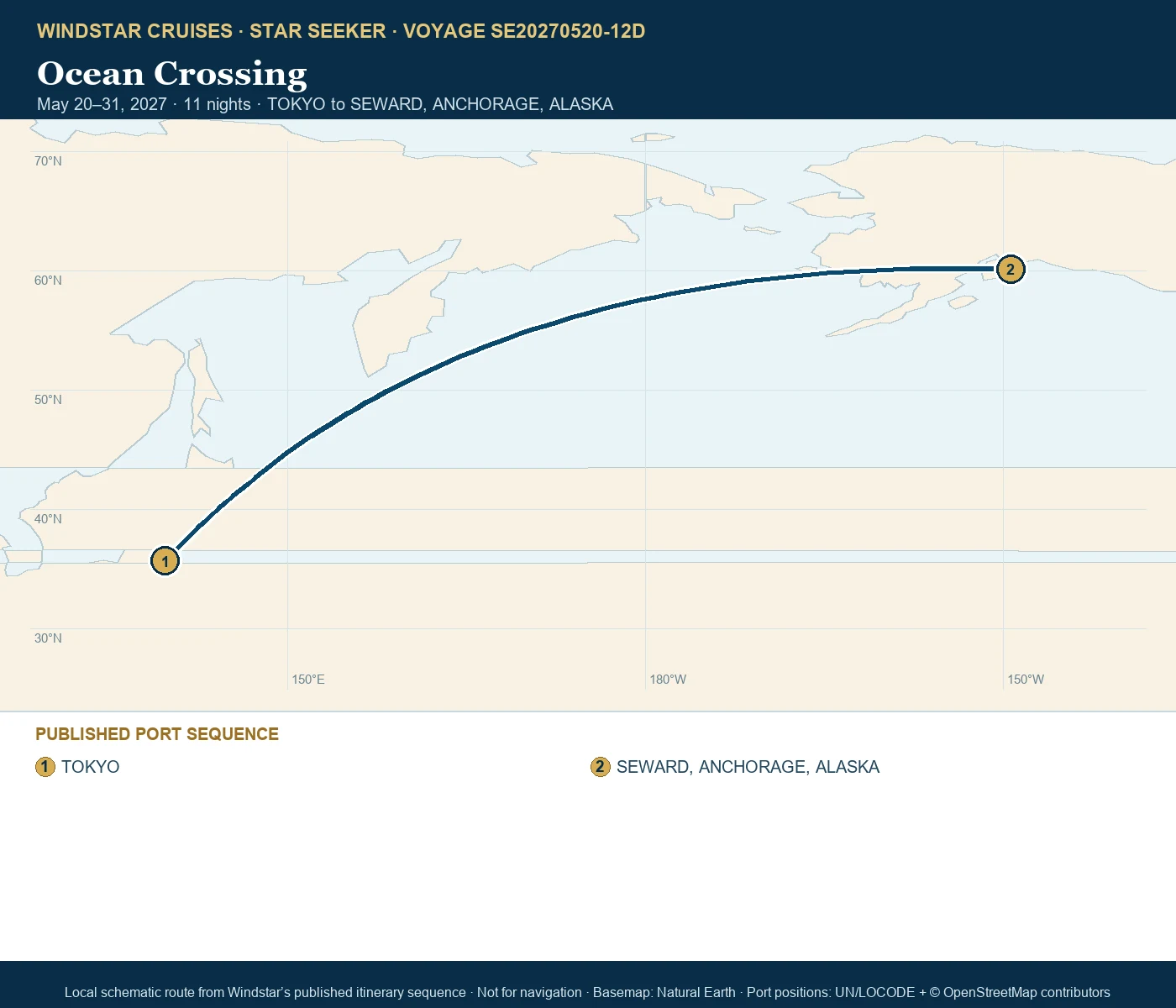Star Seeker May 20-31 2027 route map from TOKYO to SEWARD, ANCHORAGE, ALASKA