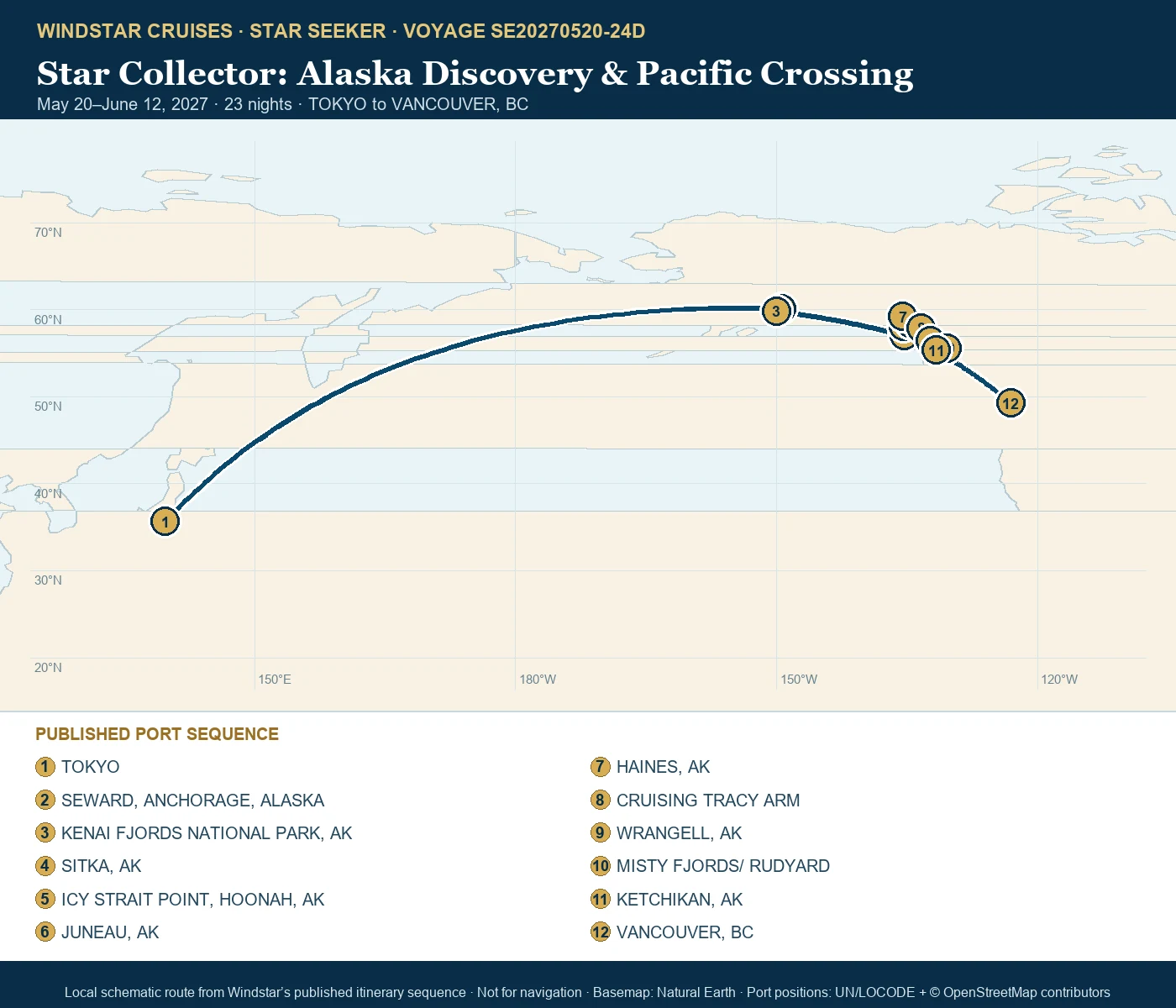 Star Seeker May 20-June 12 2027 route map from TOKYO to VANCOUVER, BC