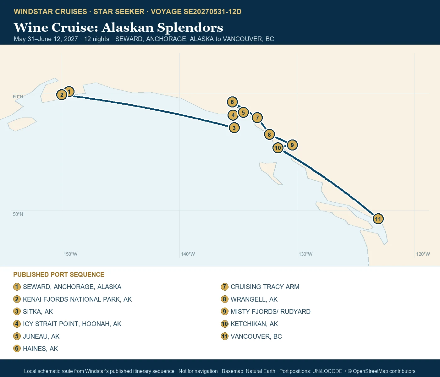 Star Seeker May 31-June 12 2027 route map from SEWARD, ANCHORAGE, ALASKA to VANCOUVER, BC
