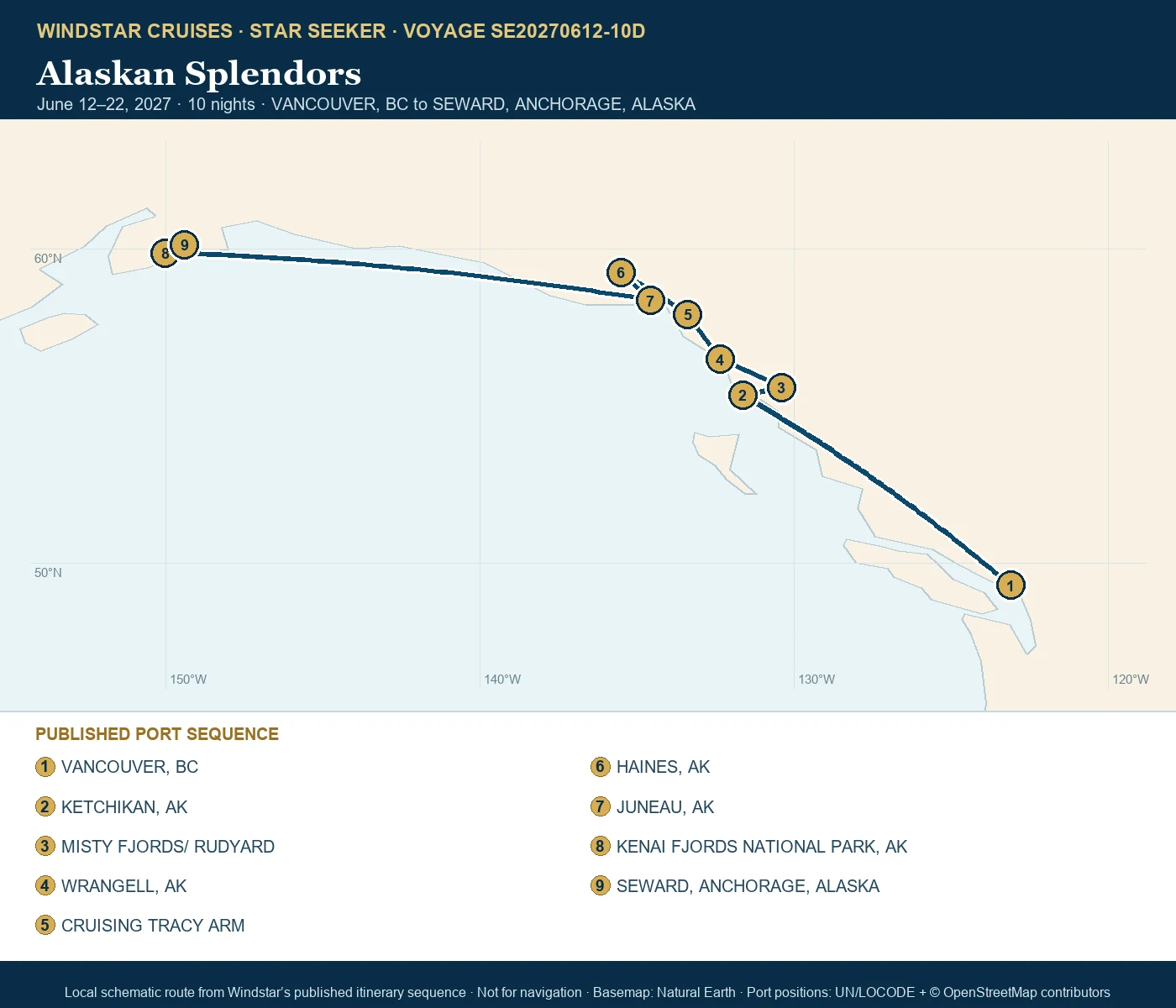 Star Seeker June 12-22 2027 route map from VANCOUVER, BC to SEWARD, ANCHORAGE, ALASKA