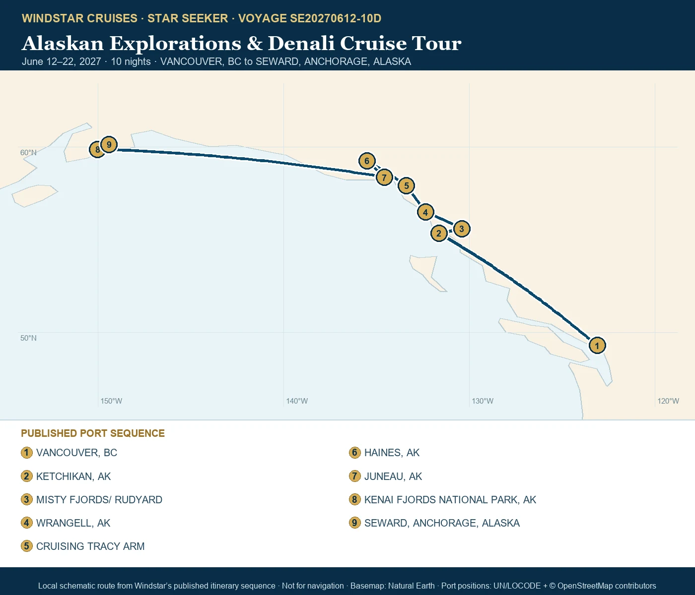 Star Seeker June 12-22 2027 route map from VANCOUVER, BC to SEWARD, ANCHORAGE, ALASKA