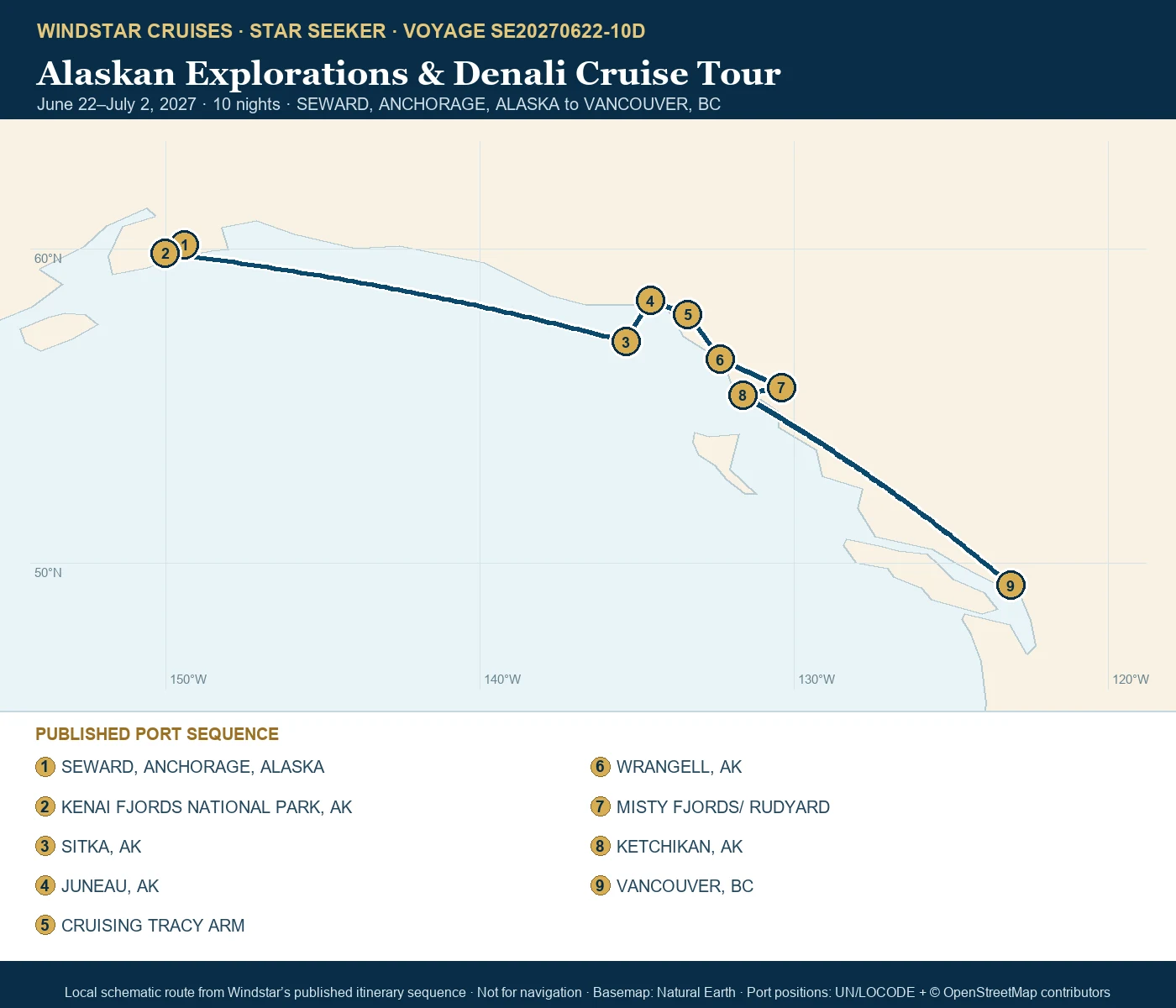 Star Seeker June 22-July 2 2027 route map from SEWARD, ANCHORAGE, ALASKA to VANCOUVER, BC