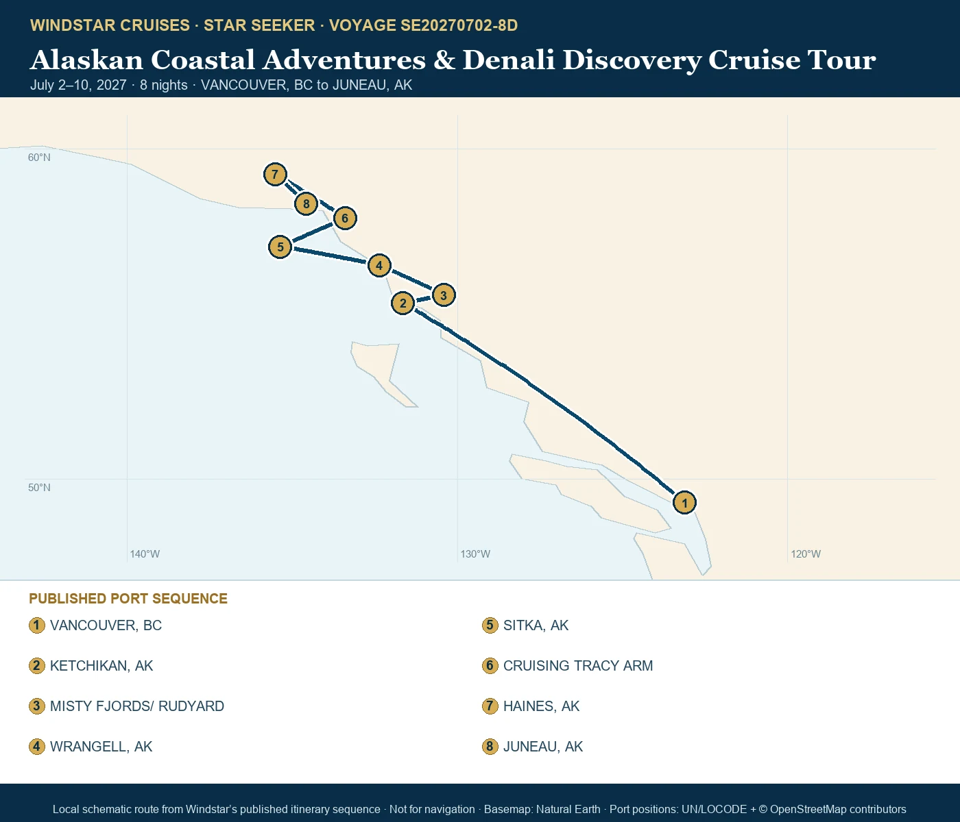 Star Seeker July 2-10 2027 route map from VANCOUVER, BC to JUNEAU, AK