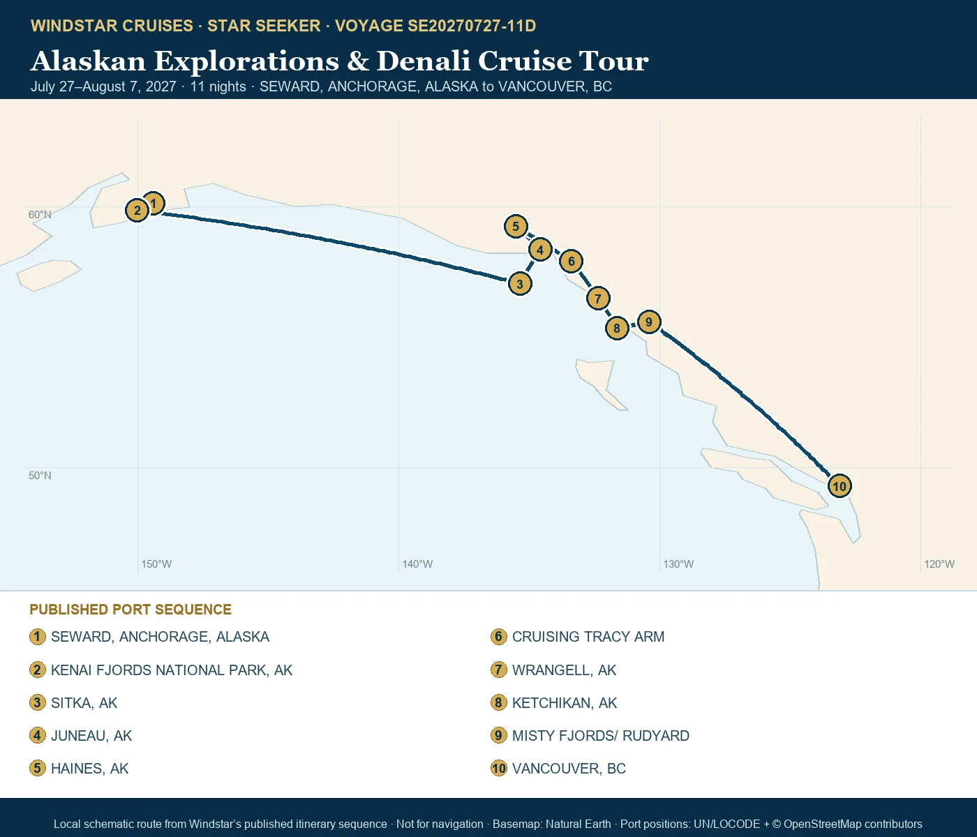 Star Seeker July 27-August 7 2027 route map from SEWARD, ANCHORAGE, ALASKA to VANCOUVER, BC