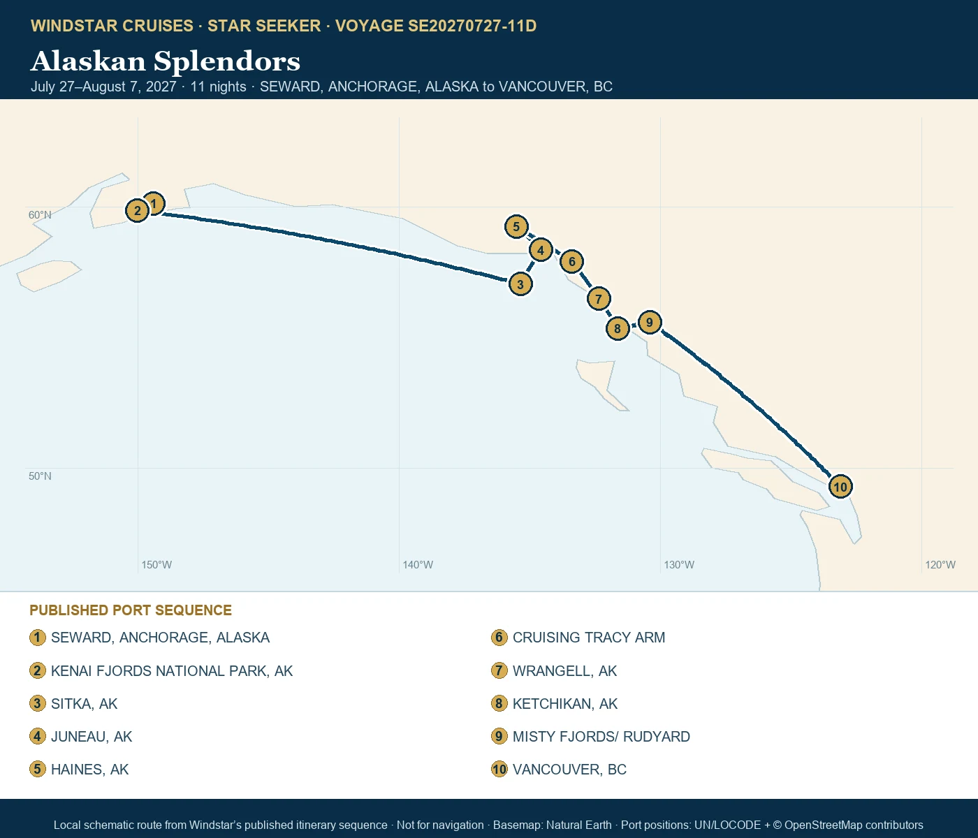 Star Seeker July 27-August 7 2027 route map from SEWARD, ANCHORAGE, ALASKA to VANCOUVER, BC
