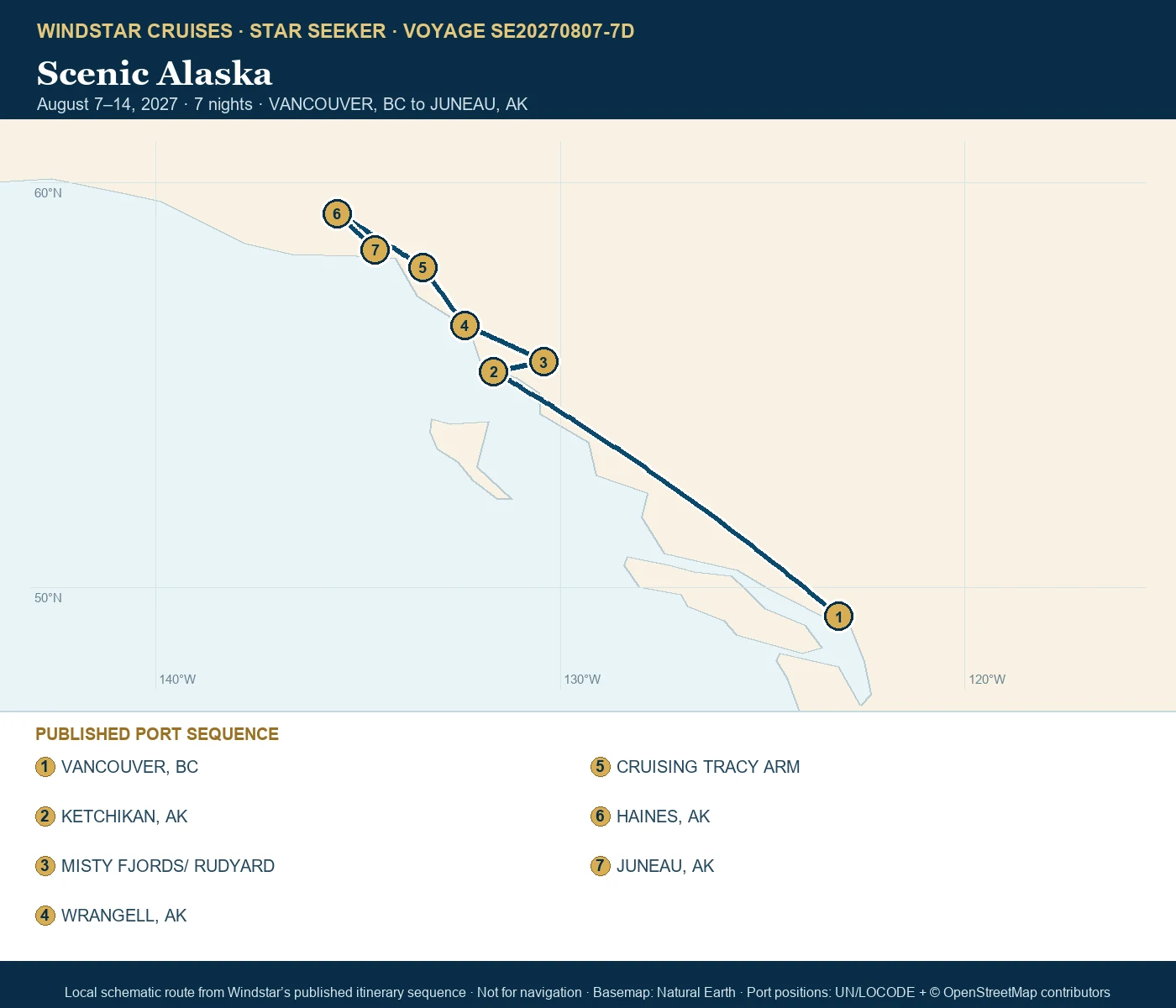Star Seeker August 7-14 2027 route map from VANCOUVER, BC to JUNEAU, AK
