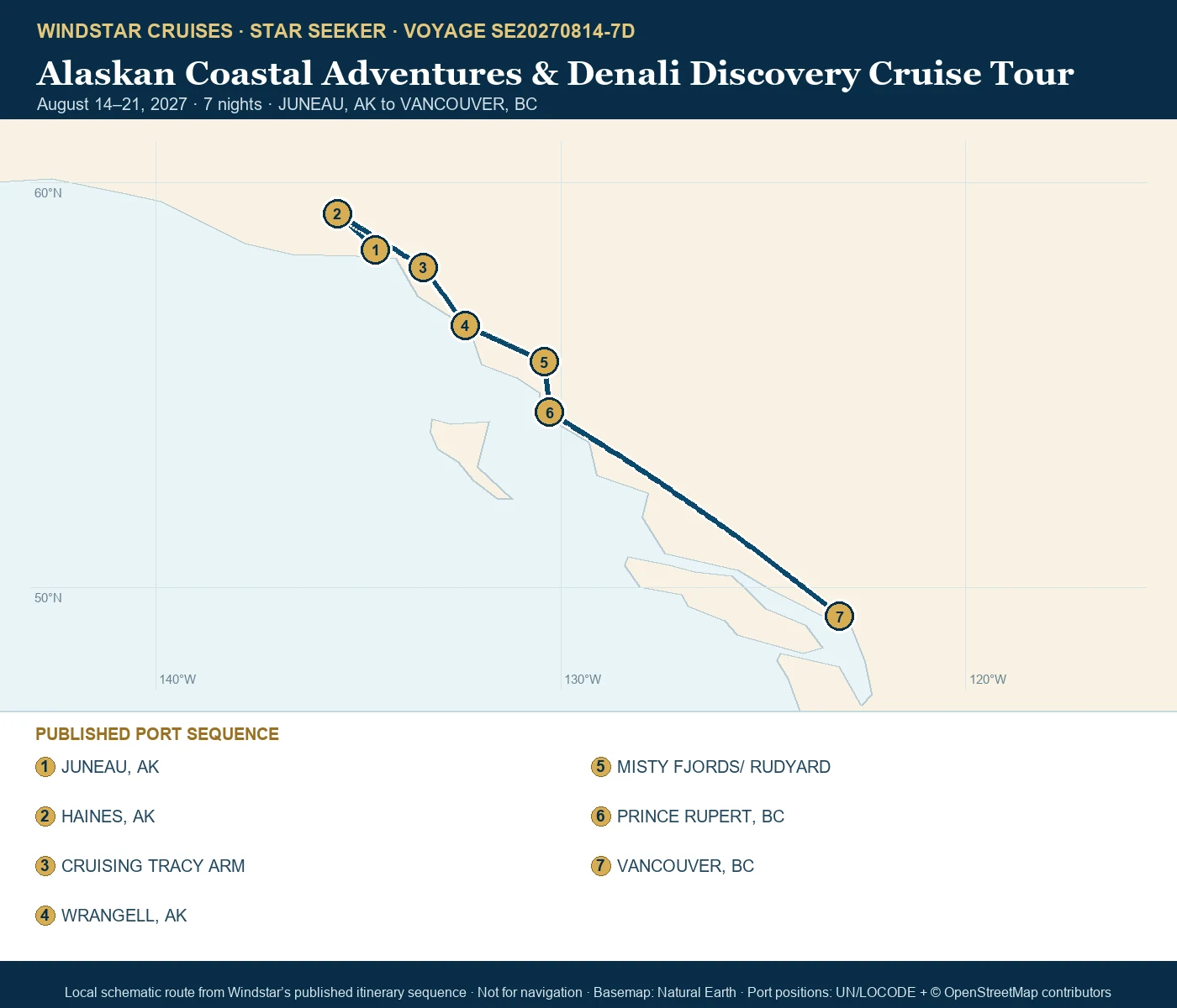 Star Seeker August 14-21 2027 route map from JUNEAU, AK to VANCOUVER, BC