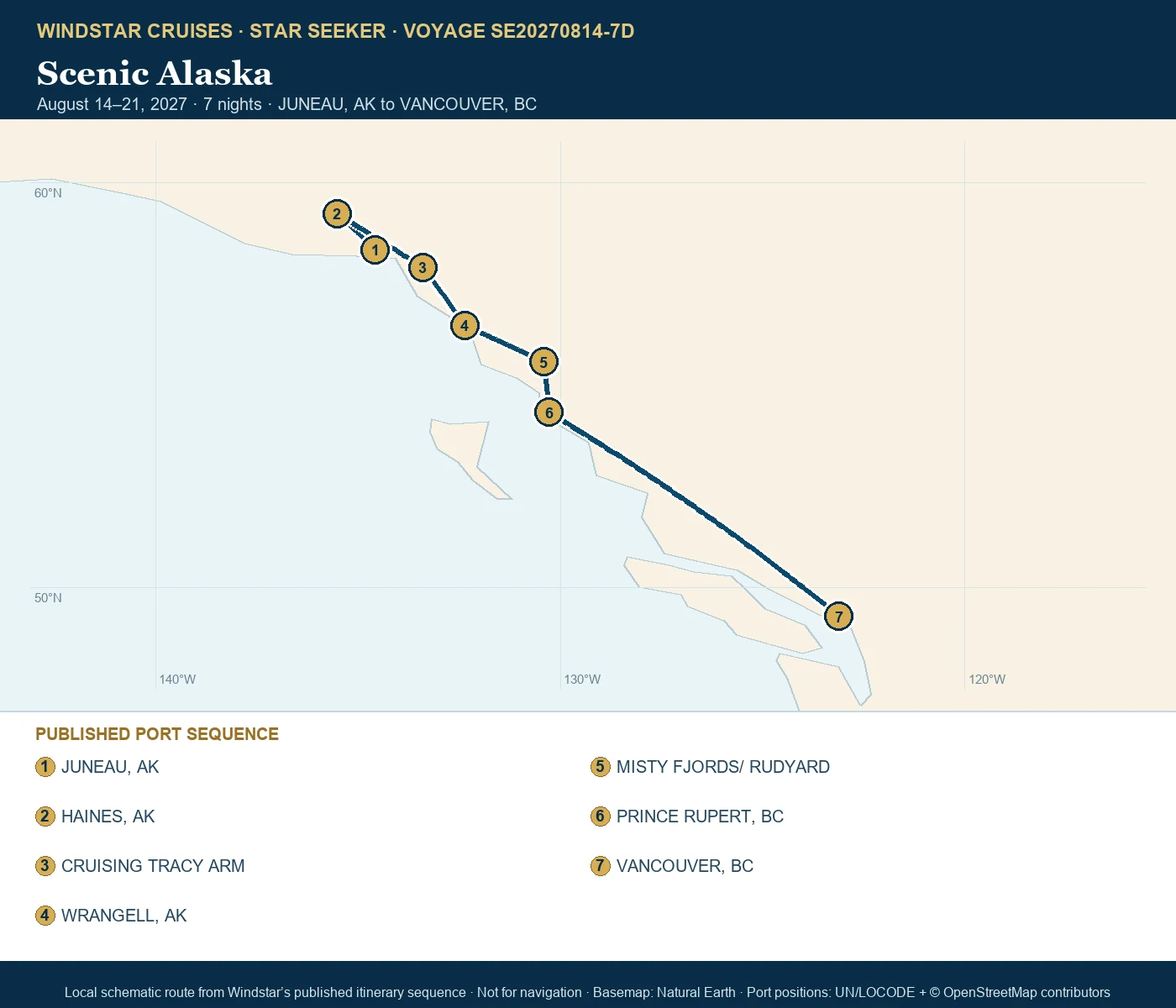 Star Seeker August 14-21 2027 route map from JUNEAU, AK to VANCOUVER, BC
