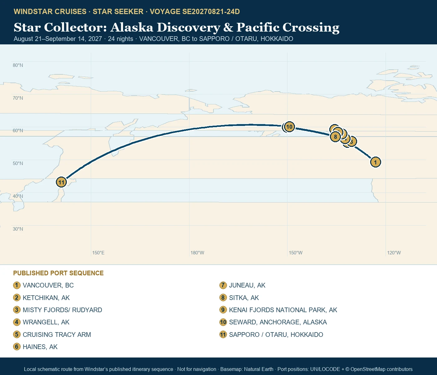 Star Seeker August 21-September 14 2027 route map from VANCOUVER, BC to SAPPORO / OTARU, HOKKAIDO
