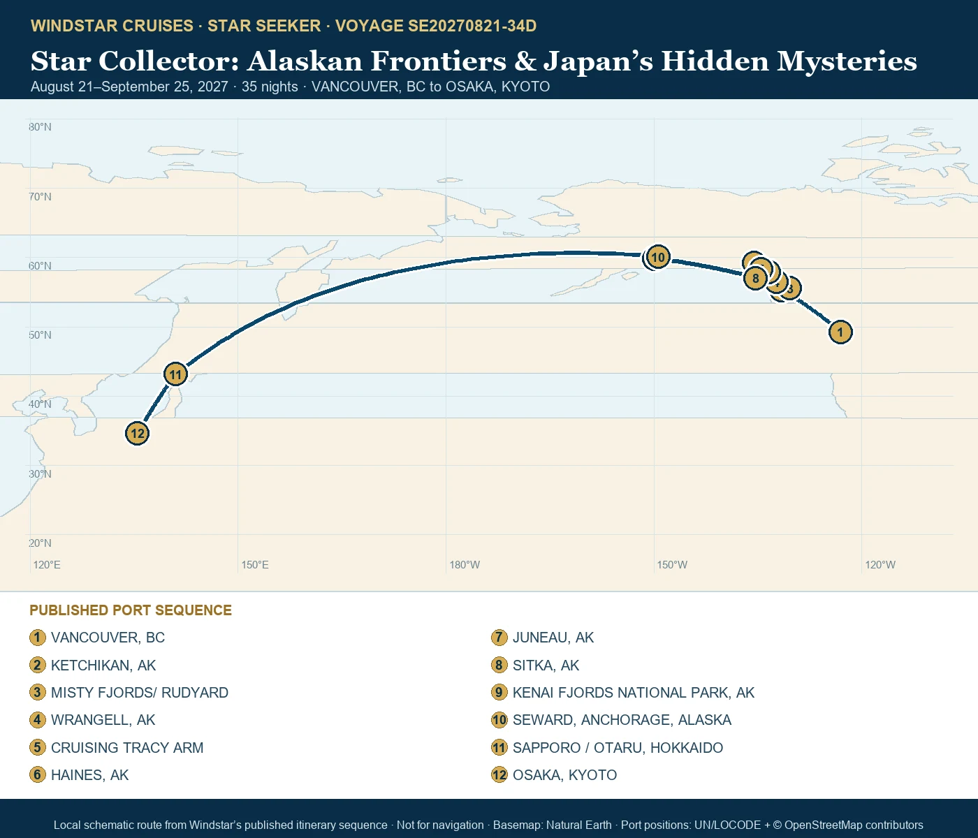 Star Seeker August 21-September 25 2027 route map from VANCOUVER, BC to OSAKA, KYOTO