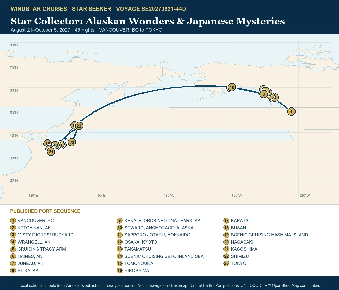 Star Seeker August 21-October 5 2027 route map from VANCOUVER, BC to TOKYO
