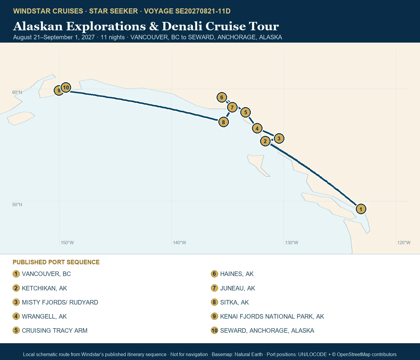 Star Seeker August 21-September 1 2027 route map from VANCOUVER, BC to SEWARD, ANCHORAGE, ALASKA