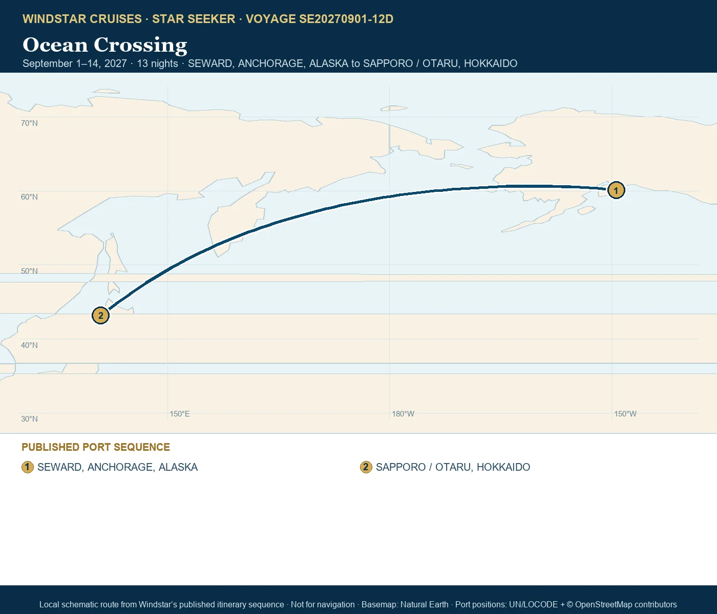 Star Seeker September 1-14 2027 route map from SEWARD, ANCHORAGE, ALASKA to SAPPORO / OTARU, HOKKAIDO