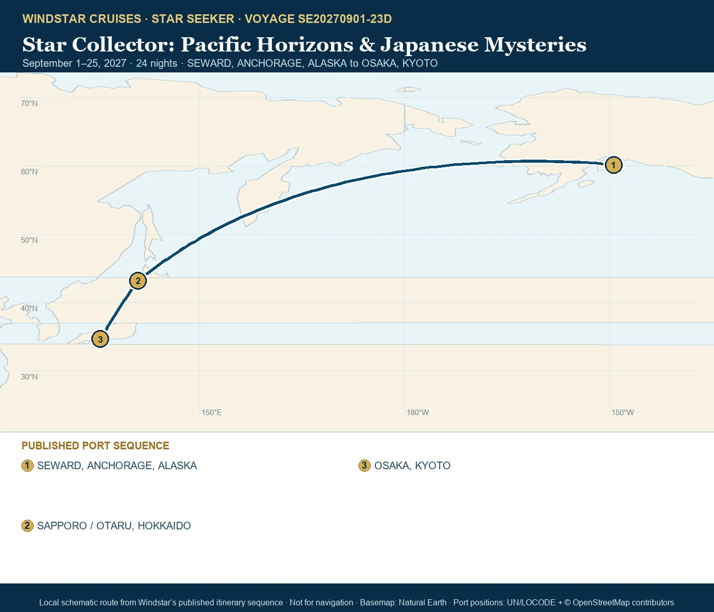 Star Seeker September 1-25 2027 route map from SEWARD, ANCHORAGE, ALASKA to OSAKA, KYOTO