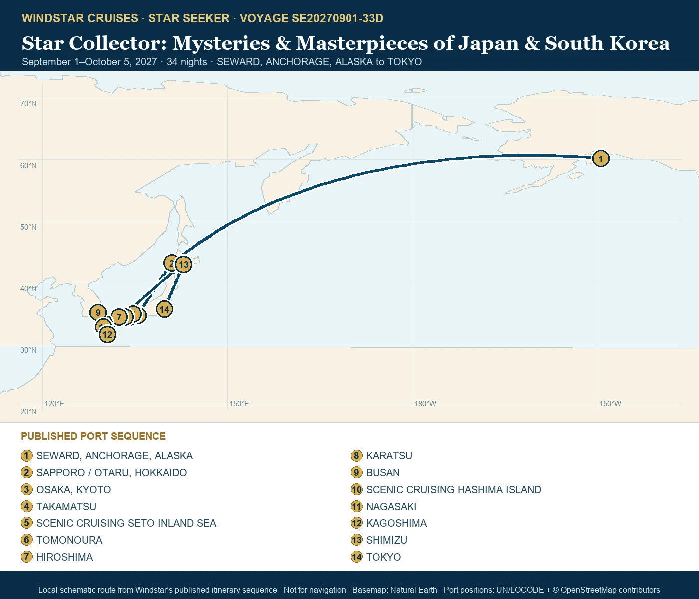Star Seeker September 1-October 5 2027 route map from SEWARD, ANCHORAGE, ALASKA to TOKYO