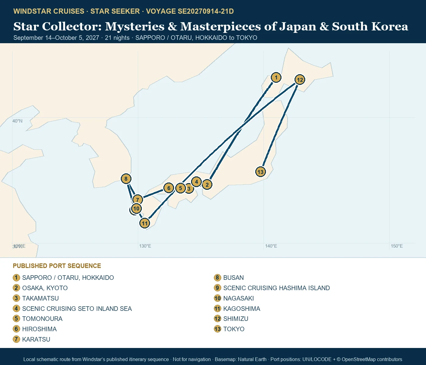 Star Seeker September 14-October 5 2027 route map from SAPPORO / OTARU, HOKKAIDO to TOKYO
