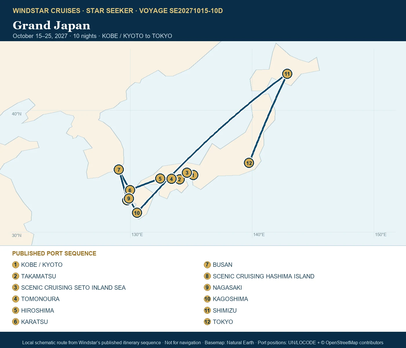 Star Seeker October 15-25 2027 route map from KOBE / KYOTO to TOKYO