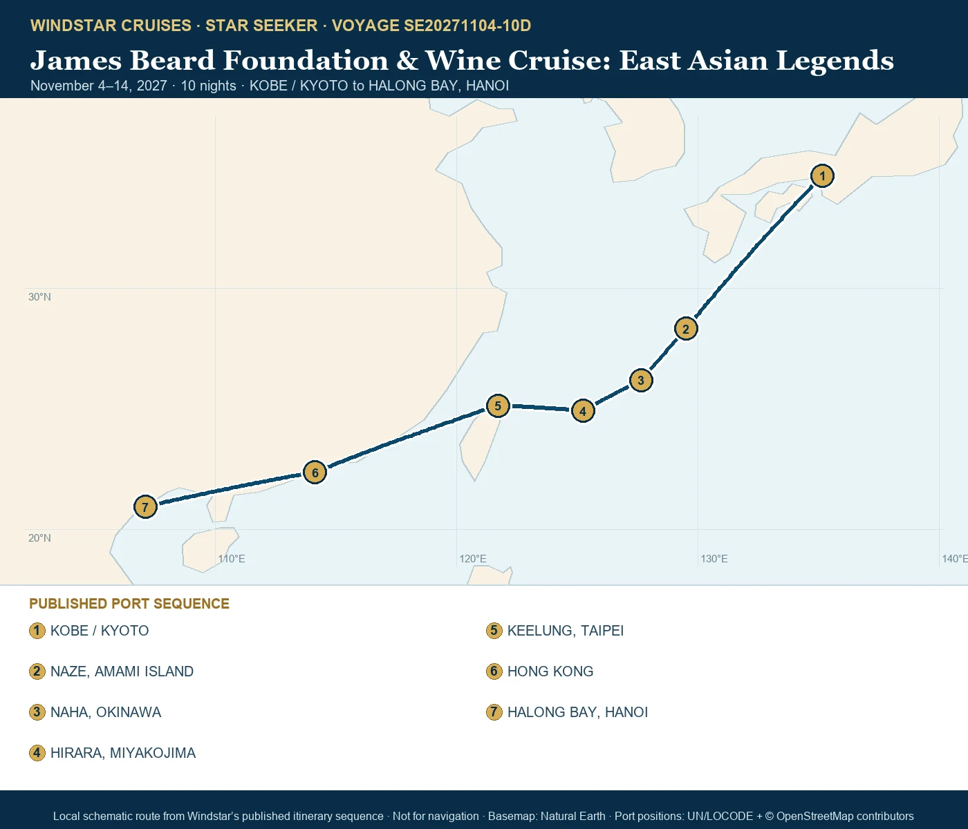 Star Seeker November 4-14 2027 route map from KOBE / KYOTO to HALONG BAY, HANOI