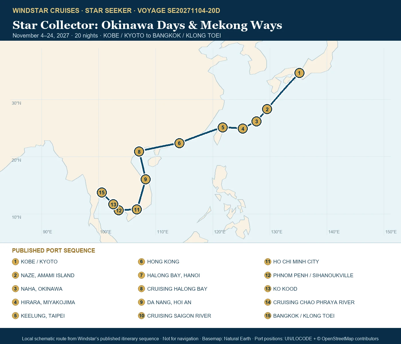 Star Seeker November 4-24 2027 route map from KOBE / KYOTO to BANGKOK / KLONG TOEI