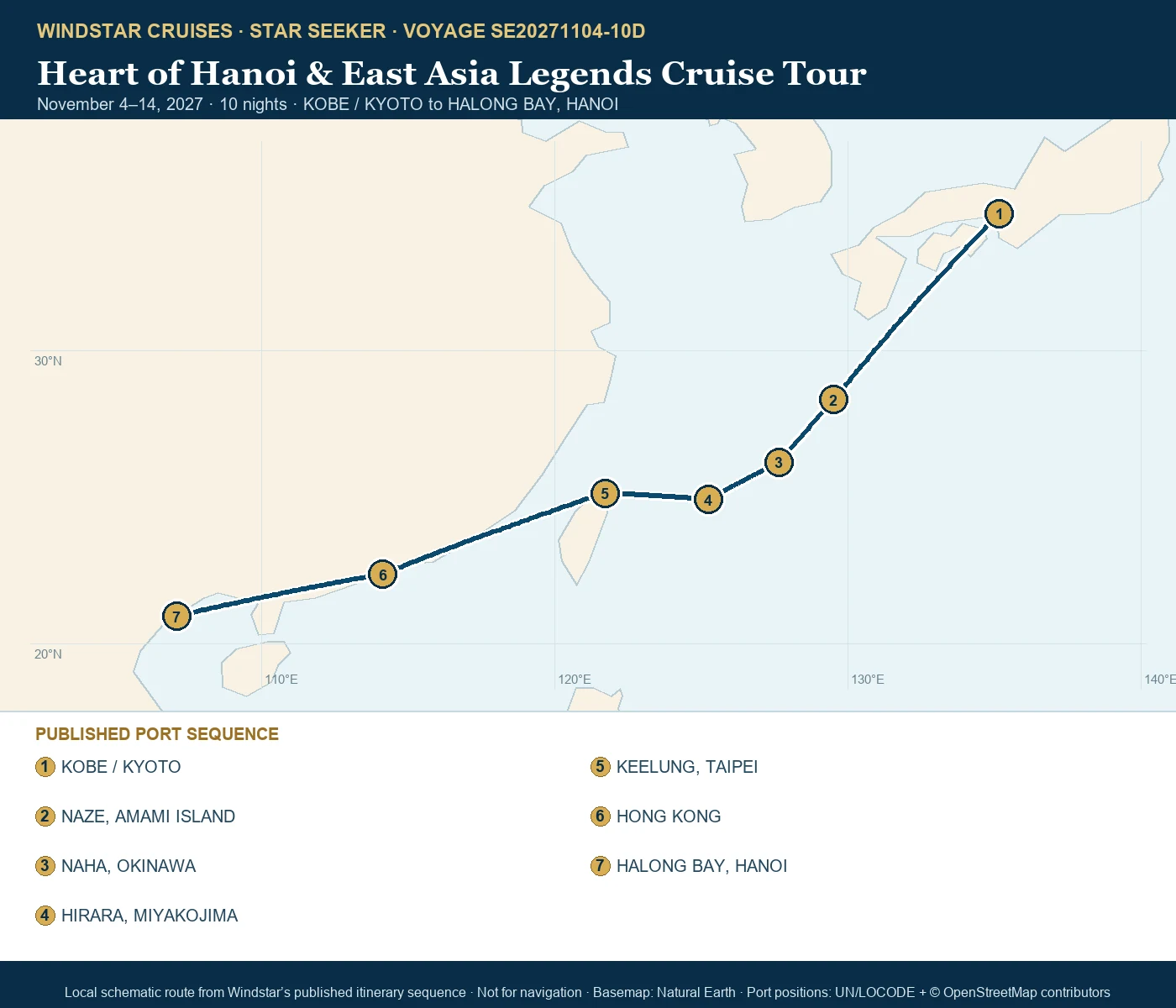 Star Seeker November 4-14 2027 route map from KOBE / KYOTO to HALONG BAY, HANOI