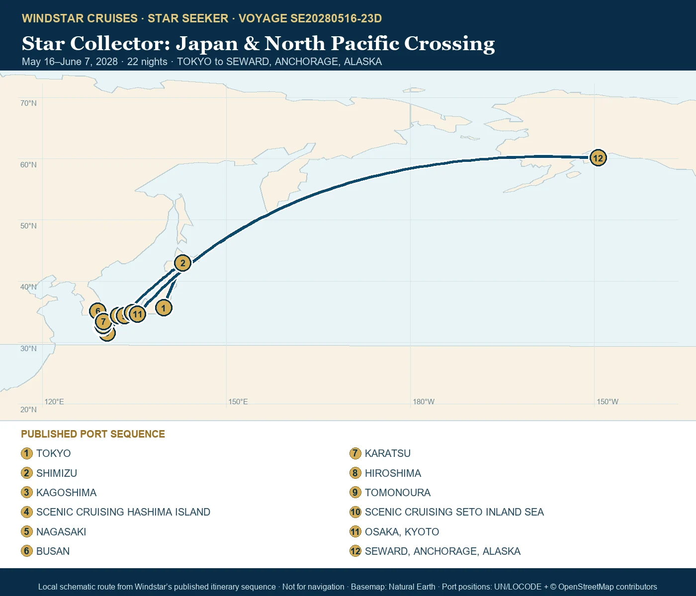 Star Seeker May 16-June 7 2028 route map from TOKYO to SEWARD, ANCHORAGE, ALASKA