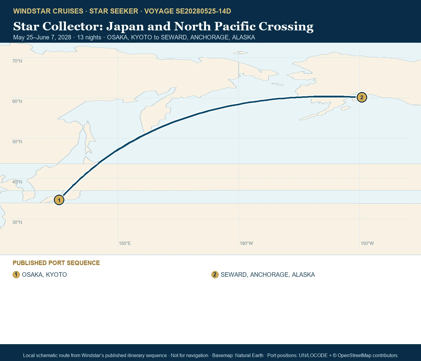 Star Seeker May 25-June 7 2028 route map from OSAKA, KYOTO to SEWARD, ANCHORAGE, ALASKA